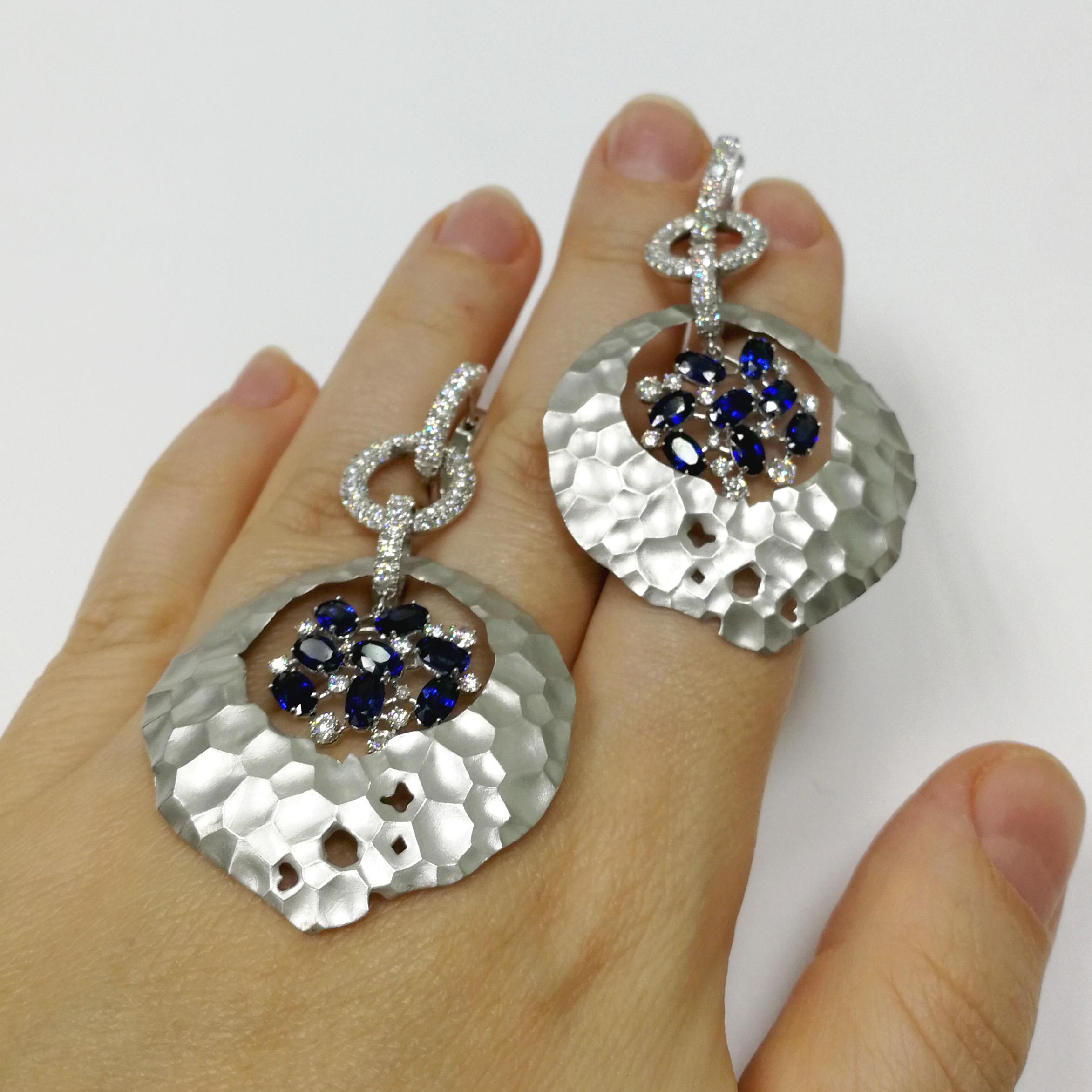 Oval Cut Blue Sapphires Diamonds 18 Karat White Gold Oasis Earrings For Sale