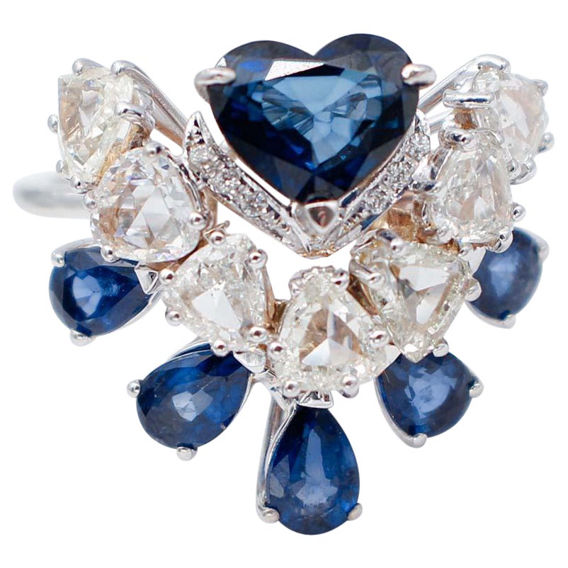 Blaue Saphire, Diamanten, 18 Karat Weißgold Retrò Ring