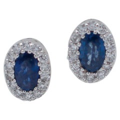 Blue Sapphires, Diamonds, 18 Karat White Gold Stud Earrings Blue Sapphires, Diamonds, 18 Karat White Gold Stud Earrings
