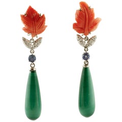 Blue Sapphires, Diamonds, Coral, Malachite, 14 Karat White Gold Dangle Earrings