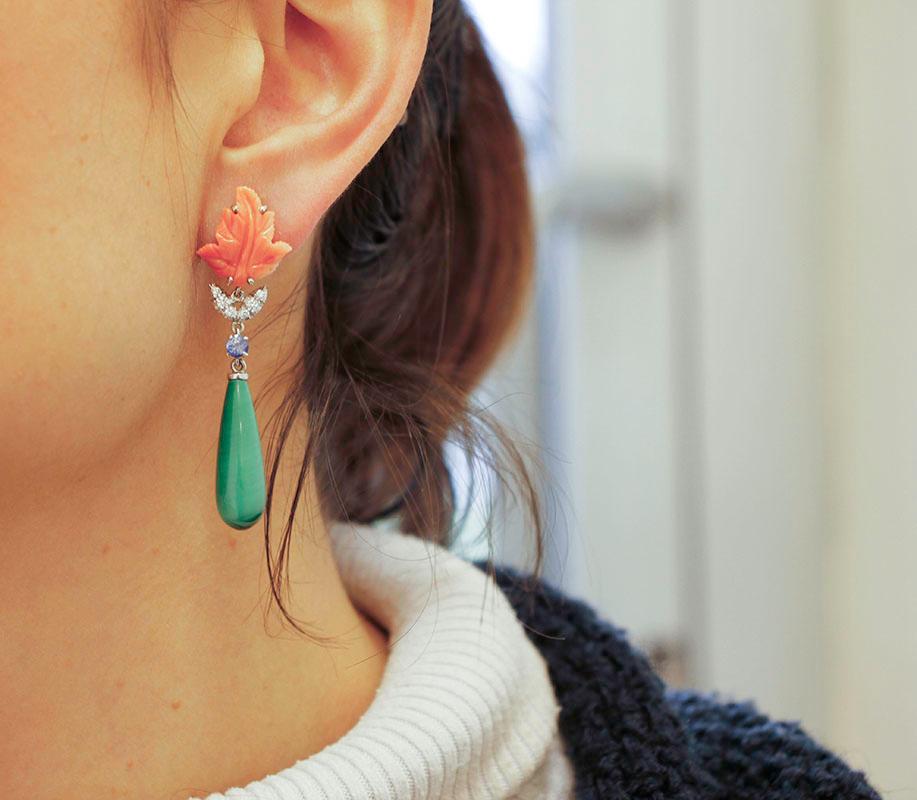 Blue Sapphires, Diamonds, Coral, Malachite, 14 Karat White Gold Dangle Earrings 2