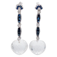 Blue Sapphires, Diamonds, Crystal Rock, 14 Karat White Gold Dangle Earrings