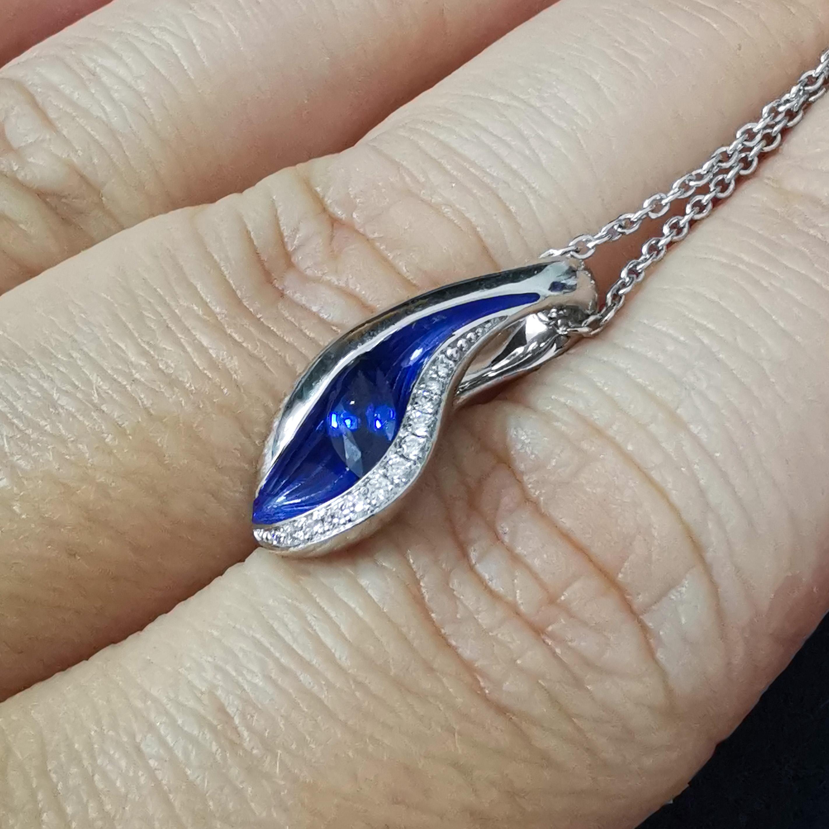 Marquise Cut Blue Sapphires Diamonds Enamel 18 Karat White Gold Melted Colors Pendant For Sale
