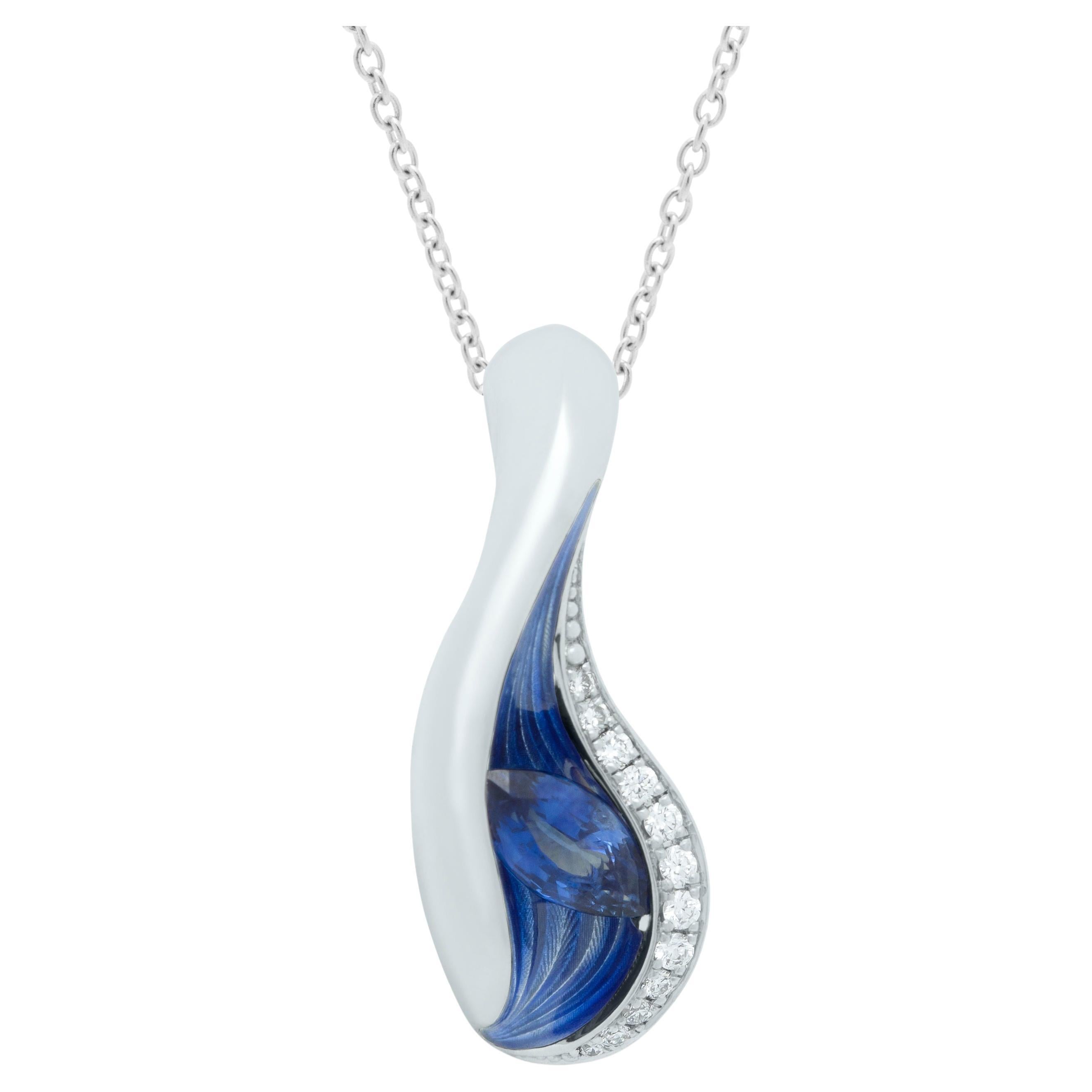 Blue Sapphires Diamonds Enamel 18 Karat White Gold Melted Colors Pendant