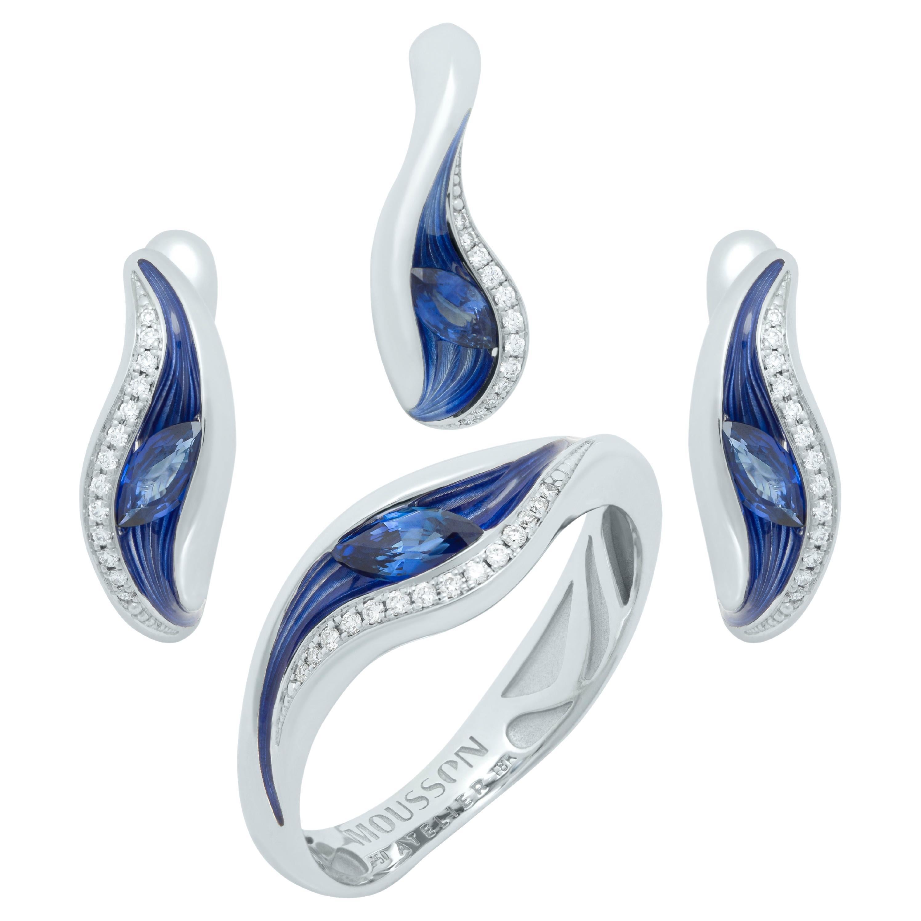 Blue Sapphires Diamonds Enamel 18 Karat White Gold Melted Colors Suite For Sale