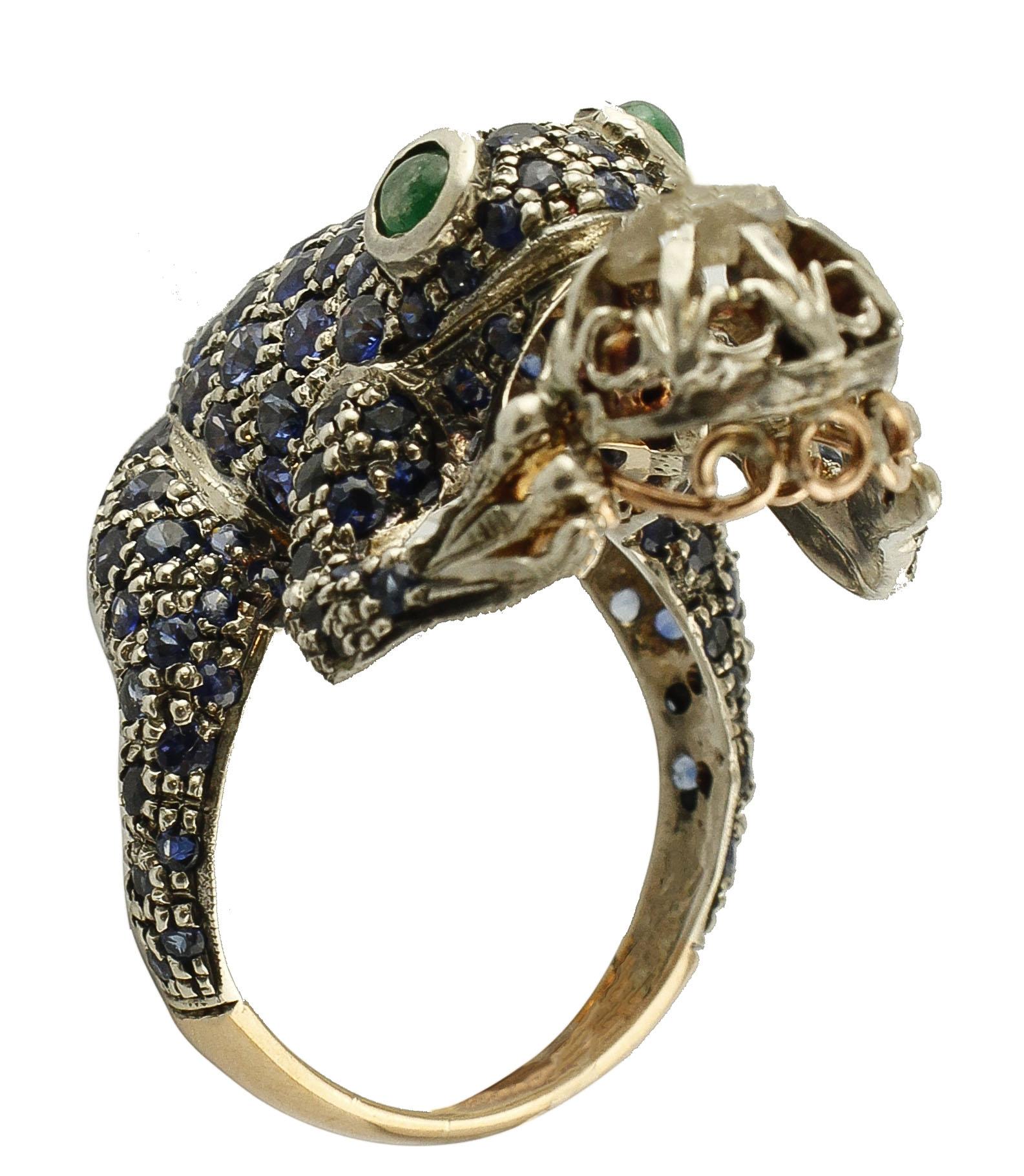 Blue Sapphires, Diamonds, Gold and Silver Frog Ring In Excellent Condition In Marcianise, Marcianise (CE)