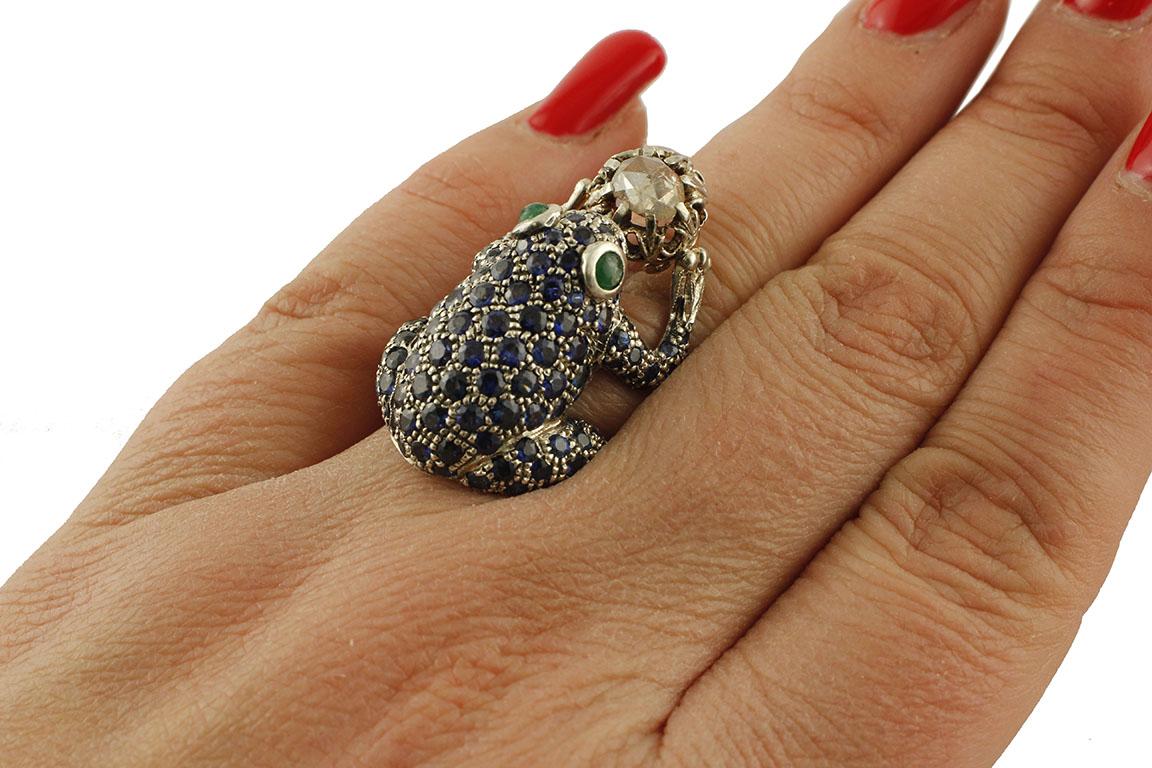 Women's Blue Sapphires, Diamonds, Gold and Silver Frog Ring