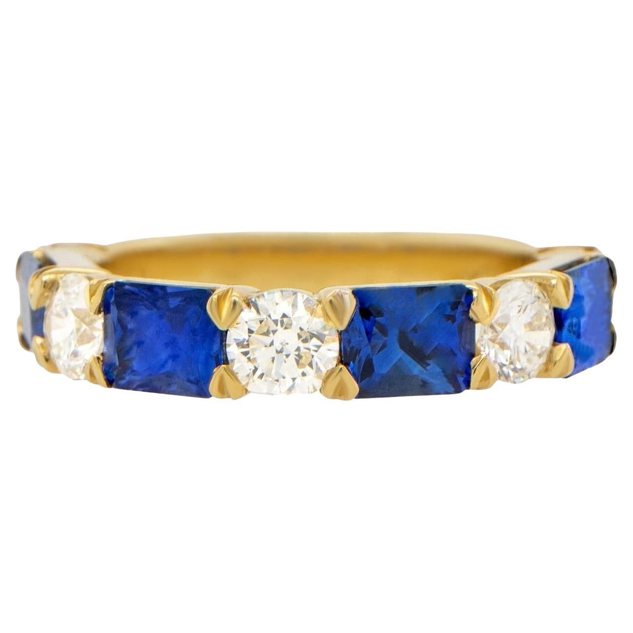Blue Sapphires Diamonds Half Eternity Band Ring 3.29 Carats 18K Yellow Gold For Sale