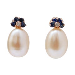Blue Sapphires, Diamonds, Pink Pearls, 14 Karat Rose Gold Drop Earrings Blue Sapphires, Diamonds, Pink Pearls, 14 Karat Rose Gold Drop Earrings