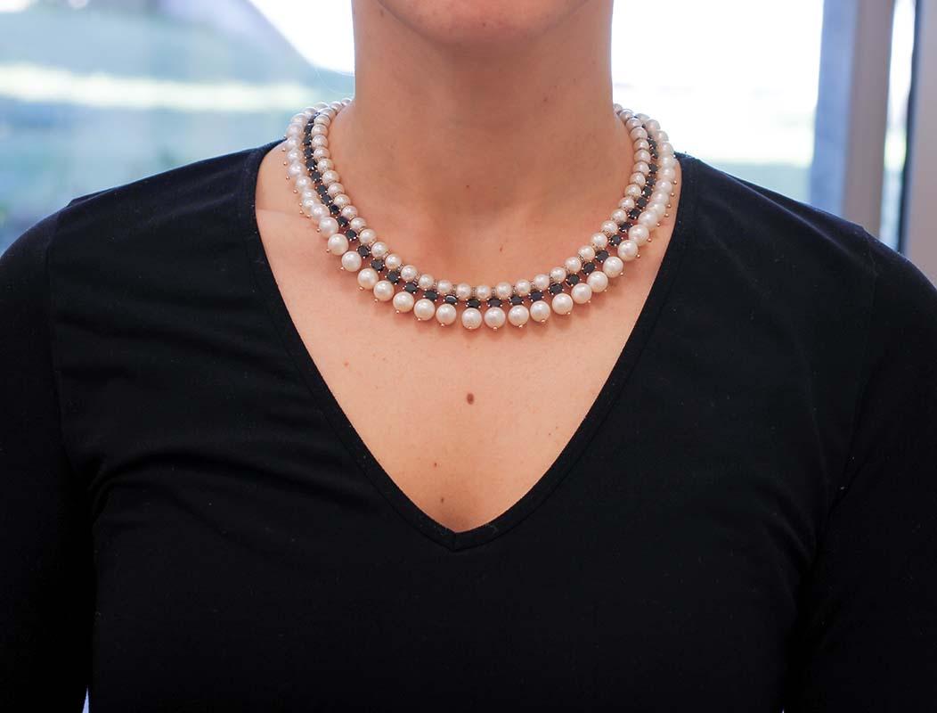 Women's Blue Sapphires, Diamonds, White Pearls, 9Kt Rose Gold and Silver Retrò Necklace For Sale