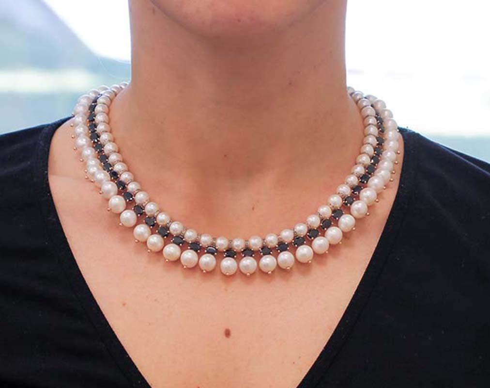 Blue Sapphires, Diamonds, White Pearls, 9Kt Rose Gold and Silver Retrò Necklace For Sale 1