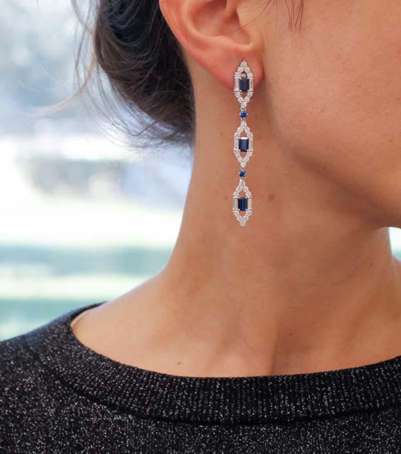 Modern Blue Sapphires, Diamonds, 18 Karat White Gold Dangle Earrings