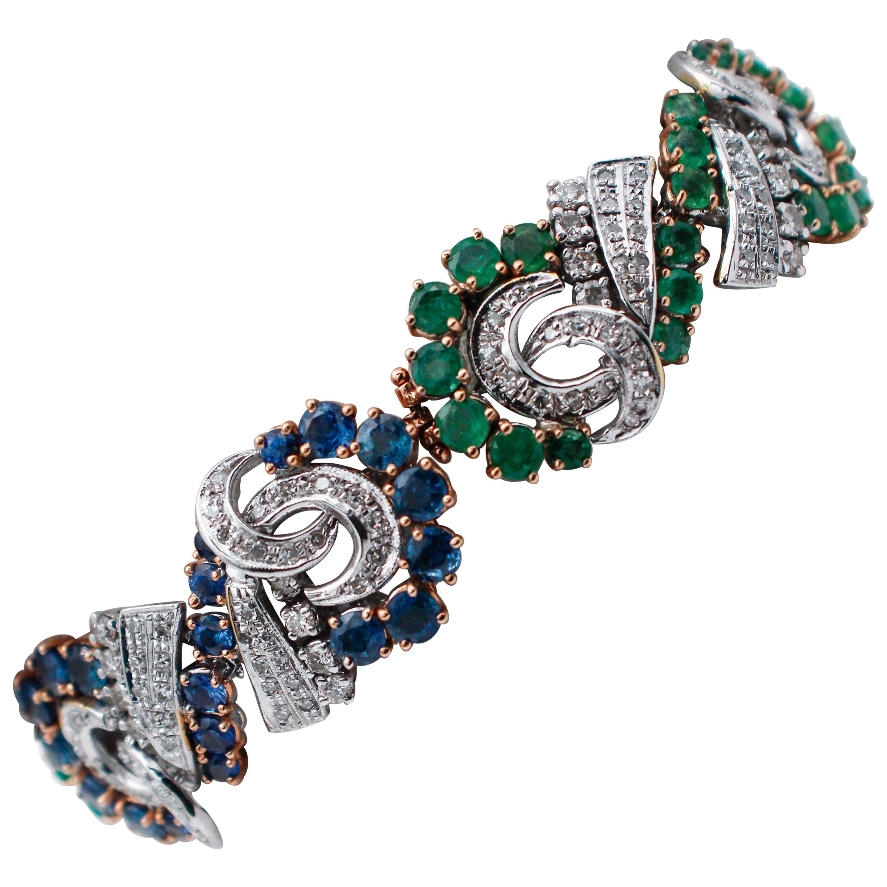 Blue Sapphires, Emeralds, Diamonds, 14 Karat White and Rose Gold Bracelet