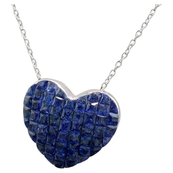 Blue Sapphires Heart Pendant with Chain 18Kt White Gold Pledge of Love  For Sale