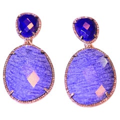 Blue Sapphires in the Rough and Diamond Dangle Earrings 14 Karat Yellow Gold