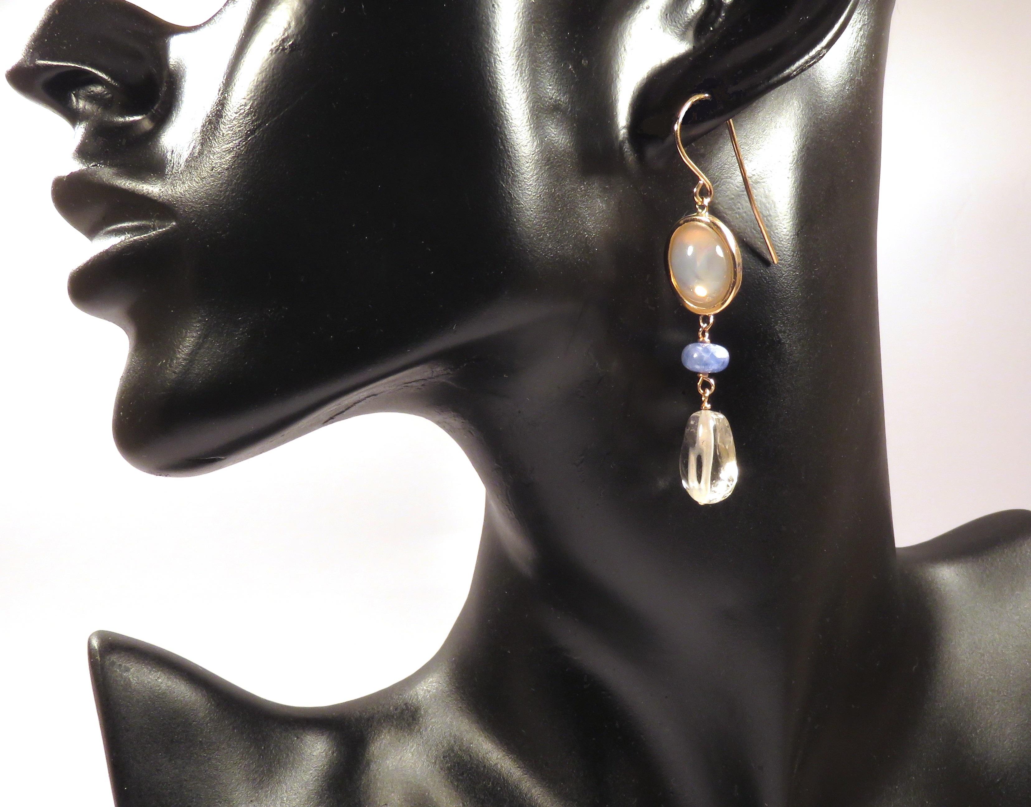 Modern Blue Sapphires Moonstones Rock Crystal 9 Karat Rose Gold Dangle Earrings  For Sale