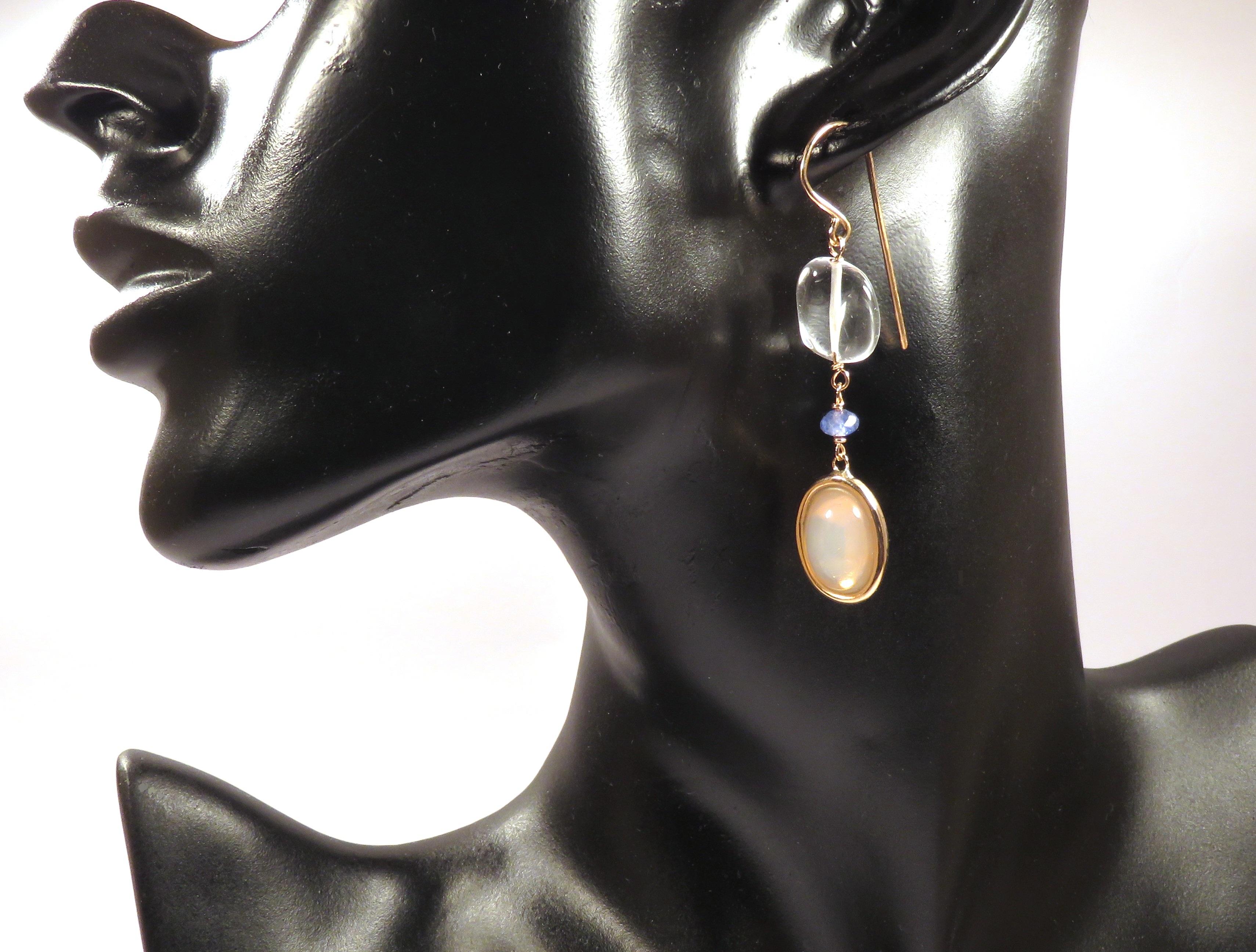 Cabochon Blue Sapphires Moonstones Rock Crystal 9 Karat Rose Gold Dangle Earrings  For Sale