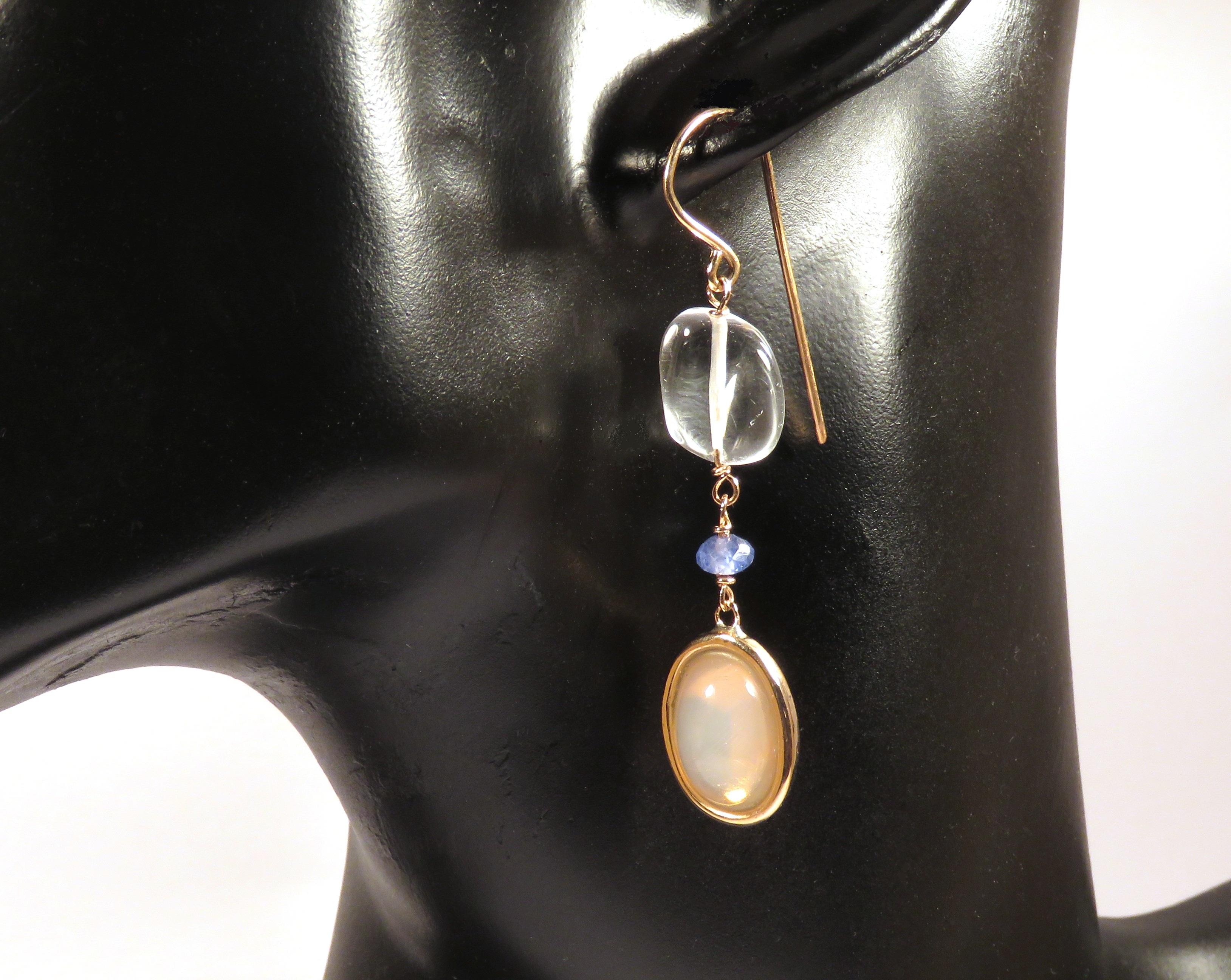 Blue Sapphires Moonstones Rock Crystal 9 Karat Rose Gold Dangle Earrings  In New Condition For Sale In Milano, IT