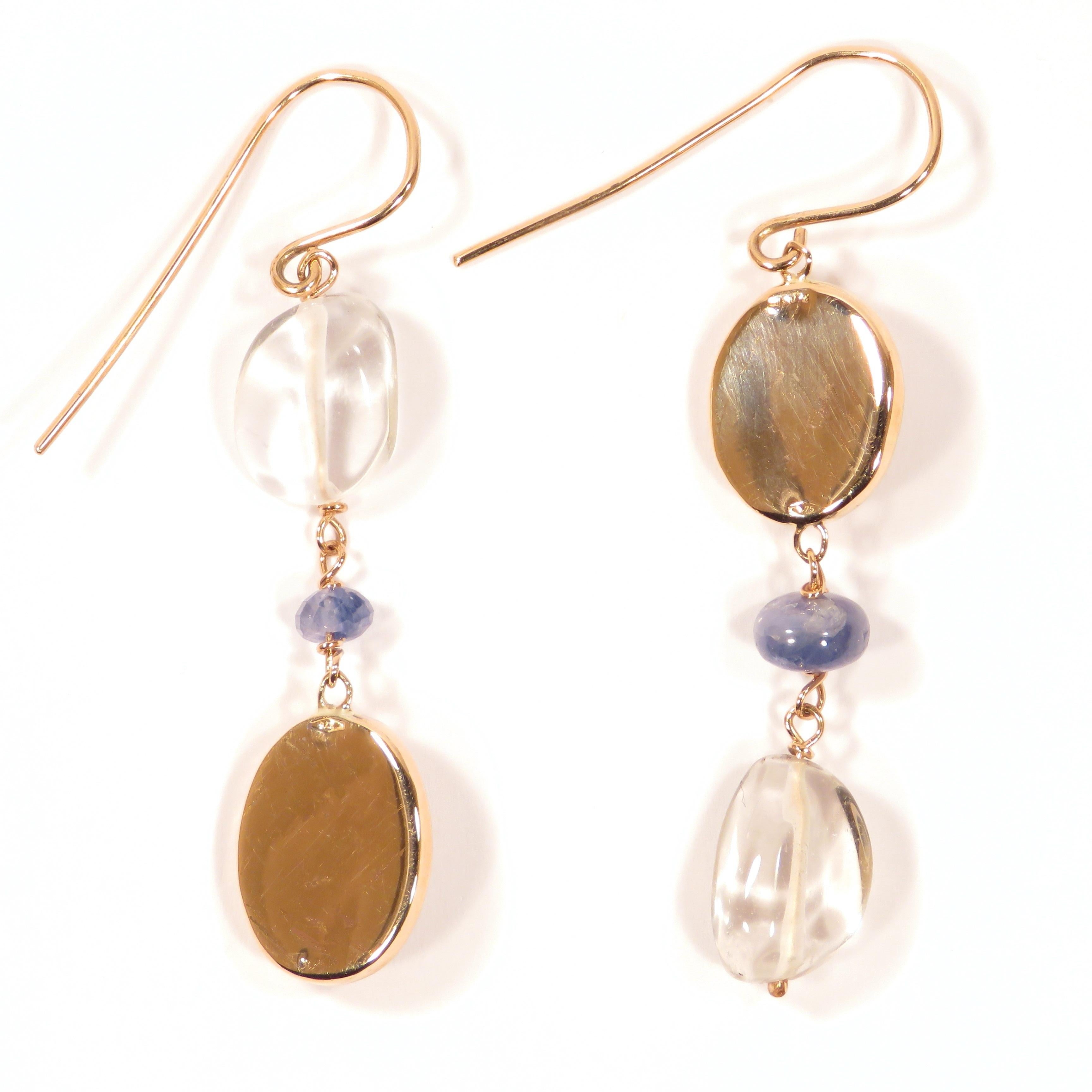 Women's Blue Sapphires Moonstones Rock Crystal 9 Karat Rose Gold Dangle Earrings  For Sale