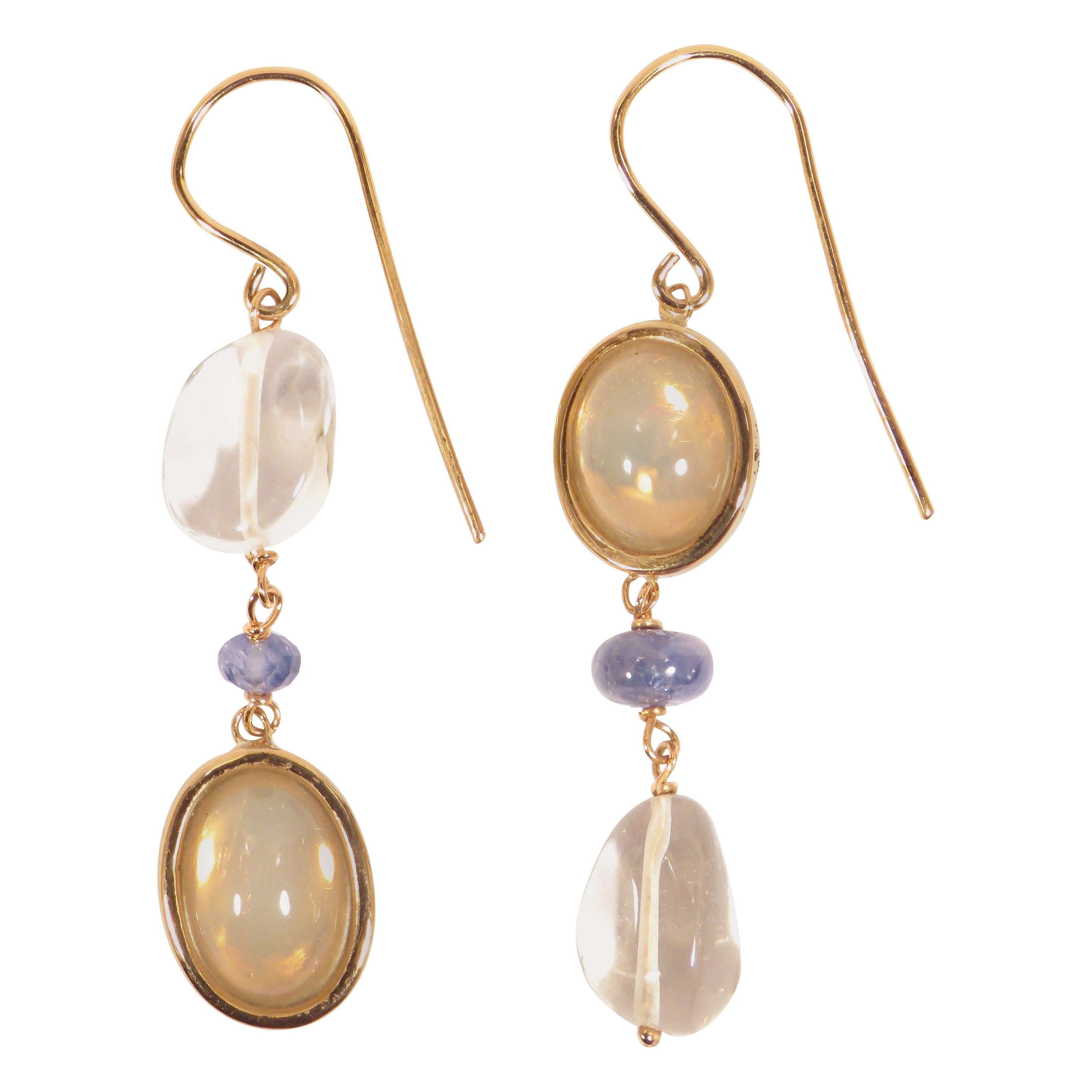 Blue Sapphires Moonstones Rock Crystal 9 Karat Rose Gold Dangle Earrings 