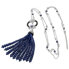 Blue Sapphires Necklace 98.85 Carat with Diamonds and Black Onyx