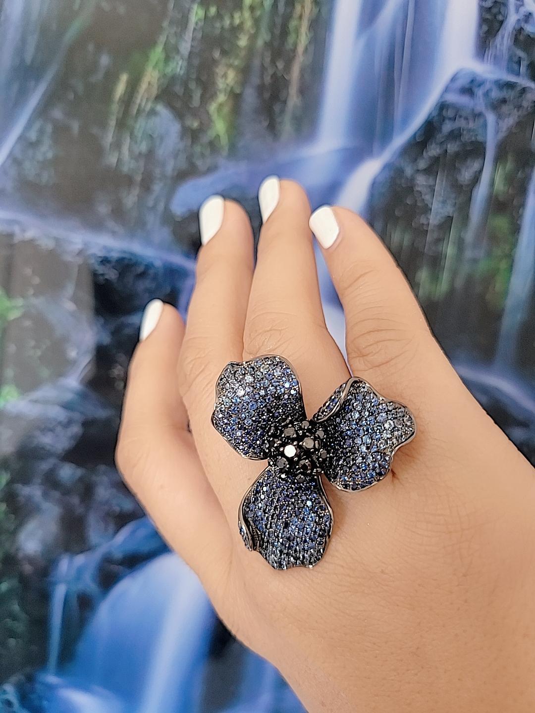 Blue Sapphires Orchid Garden Ring in 18K Gold in Rhodium and Black Diamonds 1