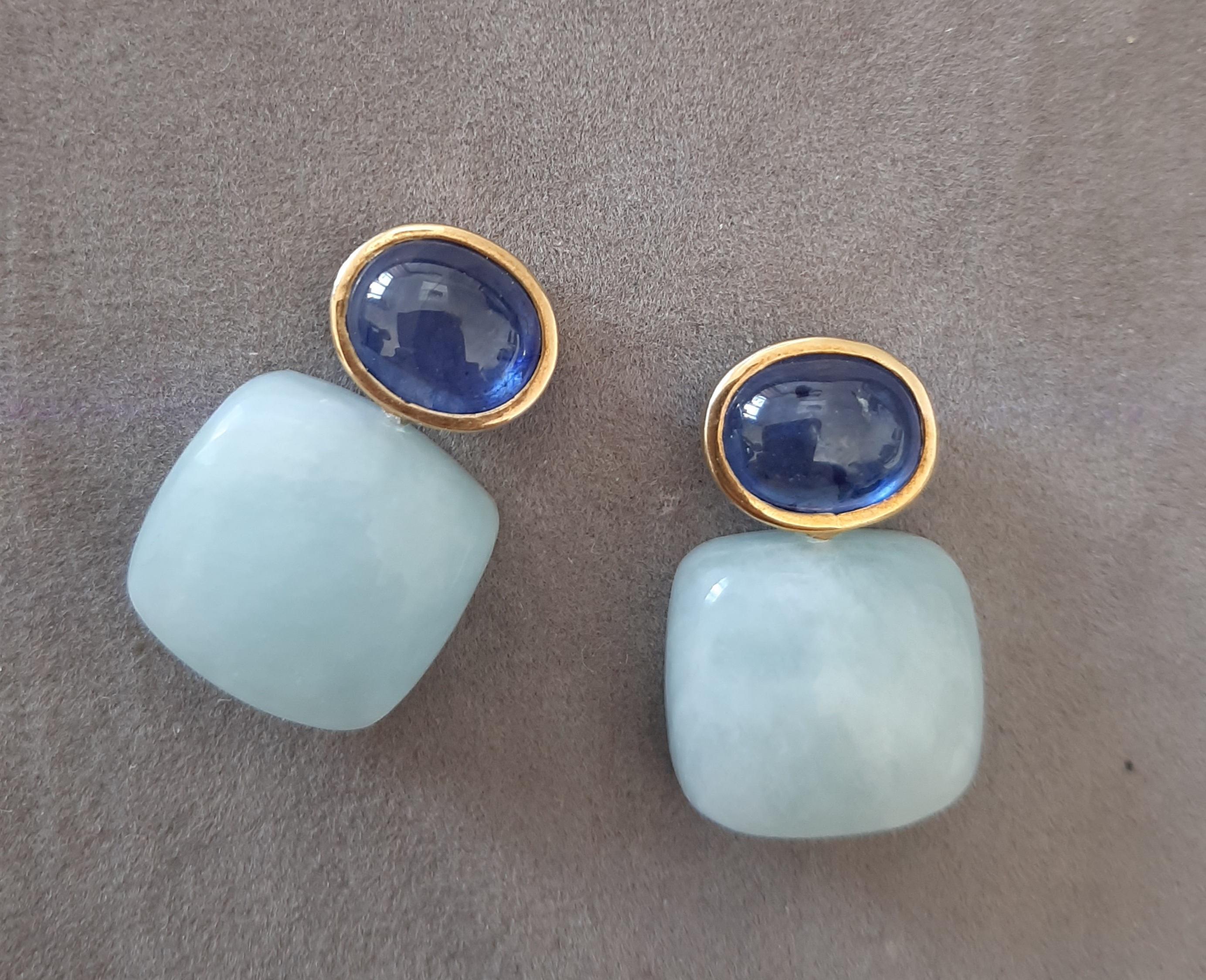 Blue Sapphires Oval Shape Aquamarine Cushion Cabs 14k Solid Gold Stud Earrings For Sale 5
