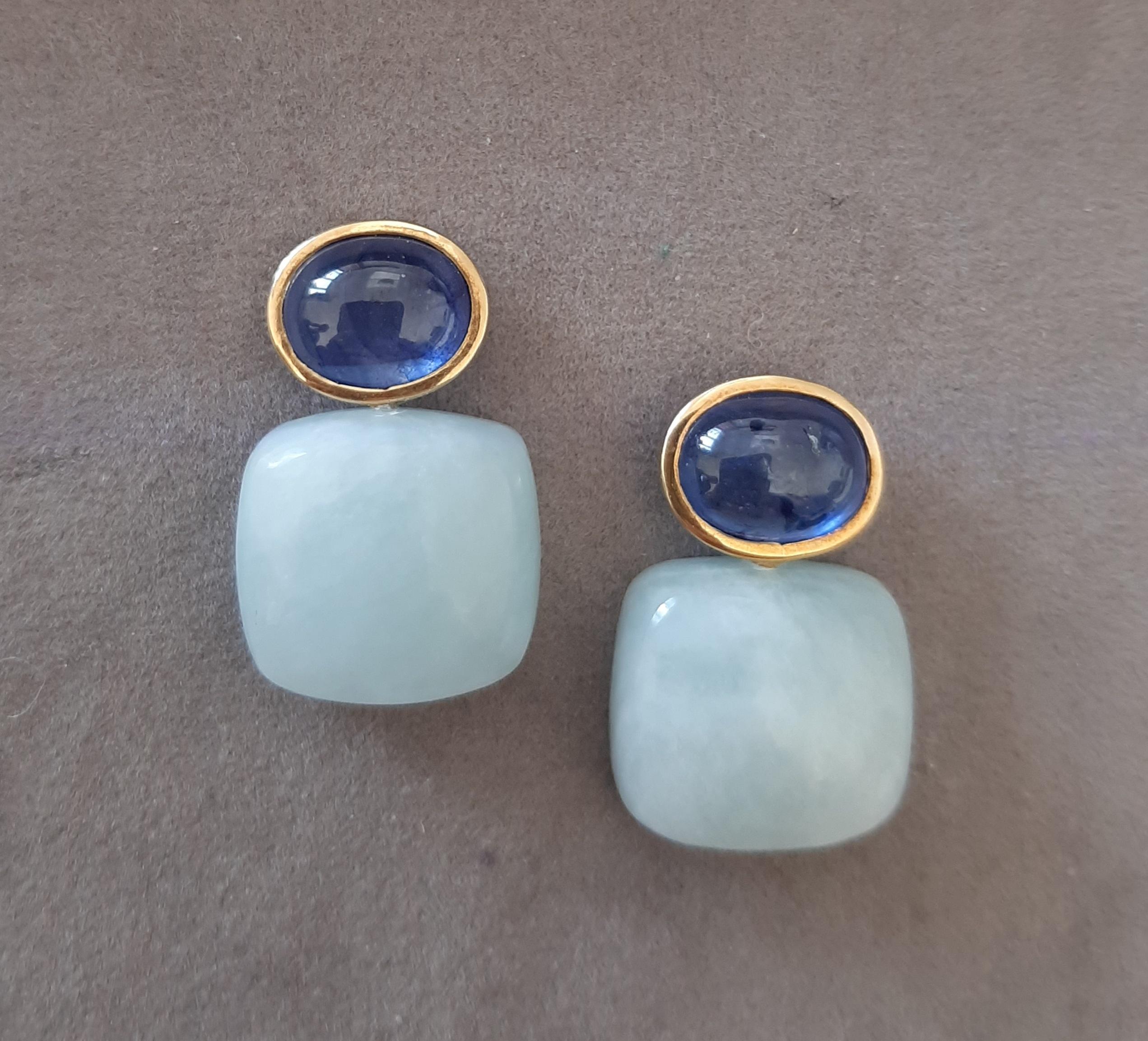 Blue Sapphires Oval Shape Aquamarine Cushion Cabs 14k Solid Gold Stud Earrings For Sale 6