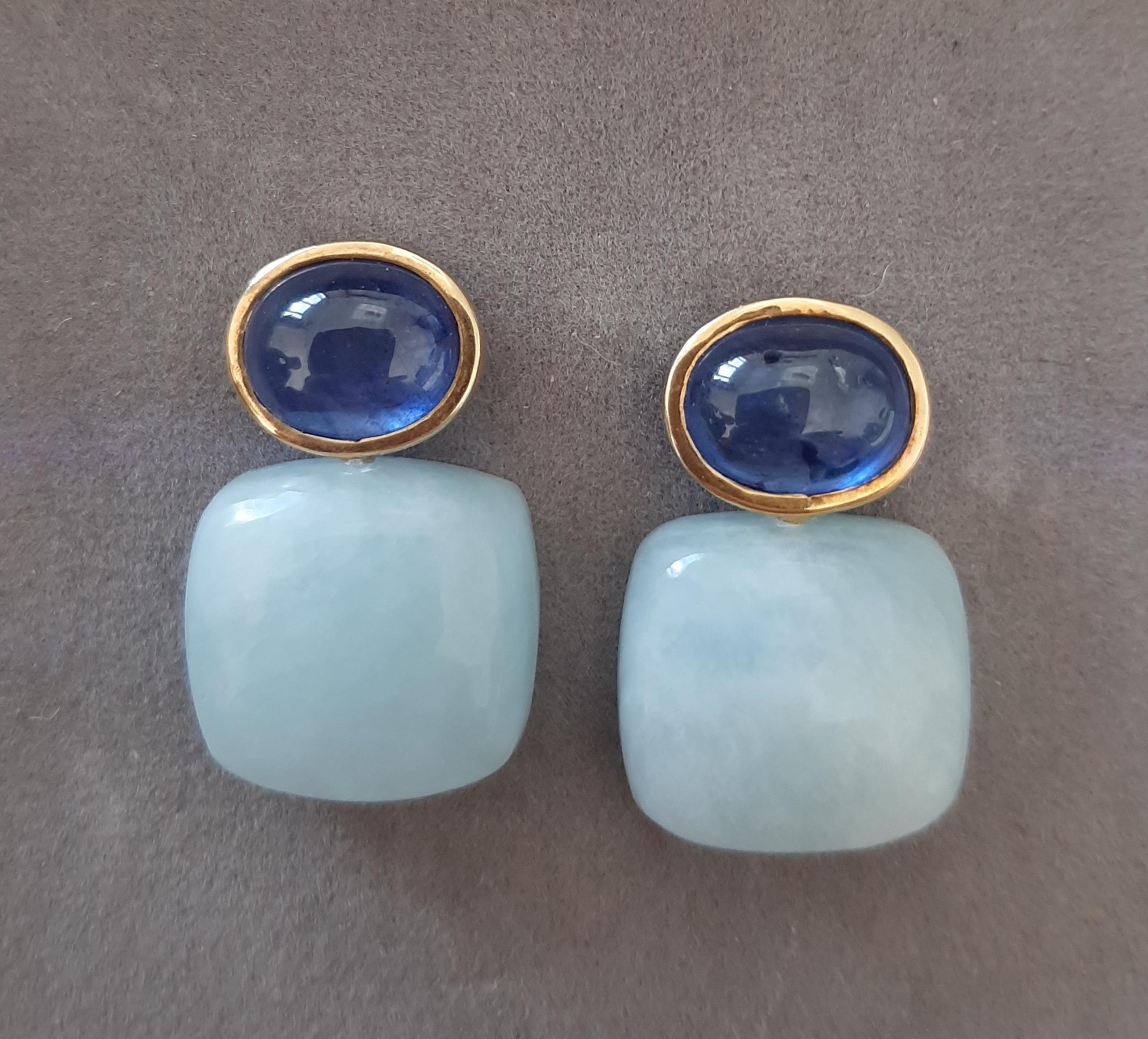 Blue Sapphires Oval Shape Aquamarine Cushion Cabs 14k Solid Gold Stud Earrings For Sale 7