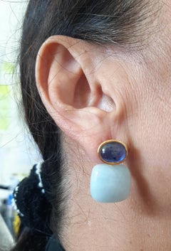 Blue Sapphires Oval Shape Aquamarine Cushion Cabs 14k Solid Gold Stud Earrings