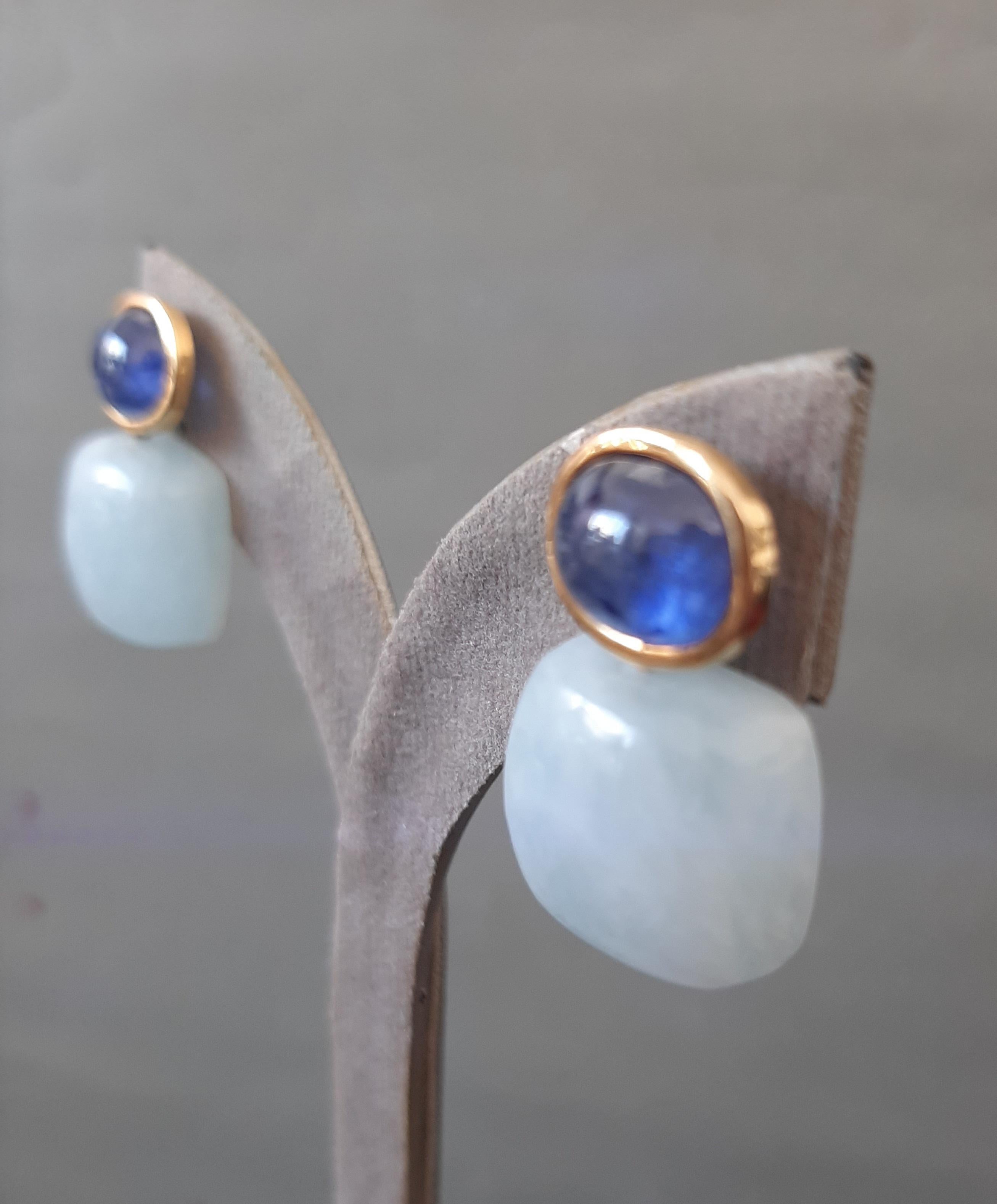 Artisan Blue Sapphires Oval Shape Aquamarine Cushion Cabs 14k Solid Gold Stud Earrings For Sale