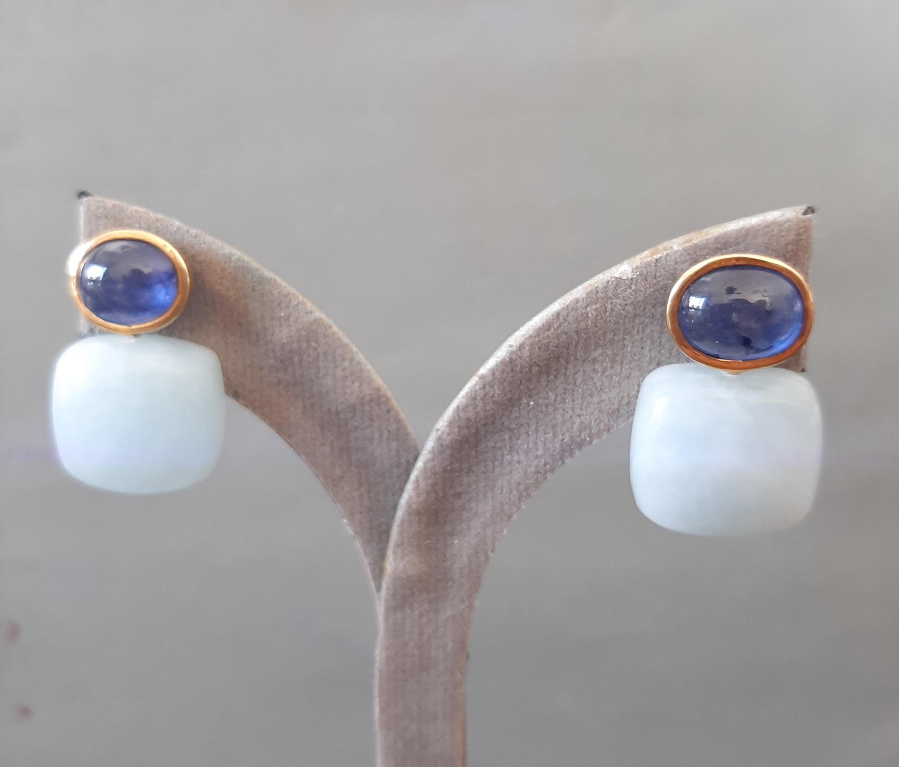 Mixed Cut Blue Sapphires Oval Shape Aquamarine Cushion Cabs 14k Solid Gold Stud Earrings For Sale