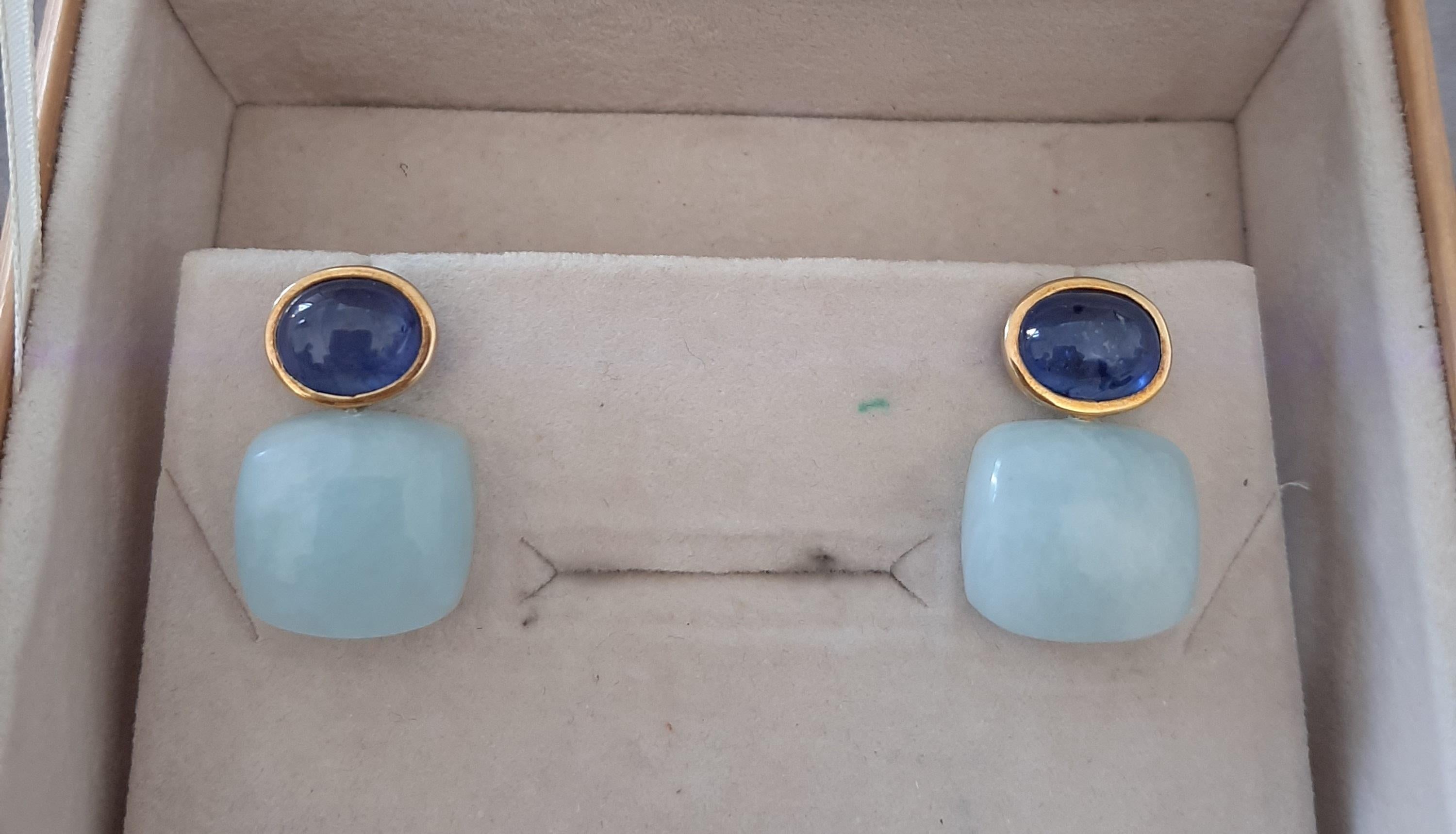Women's Blue Sapphires Oval Shape Aquamarine Cushion Cabs 14k Solid Gold Stud Earrings For Sale