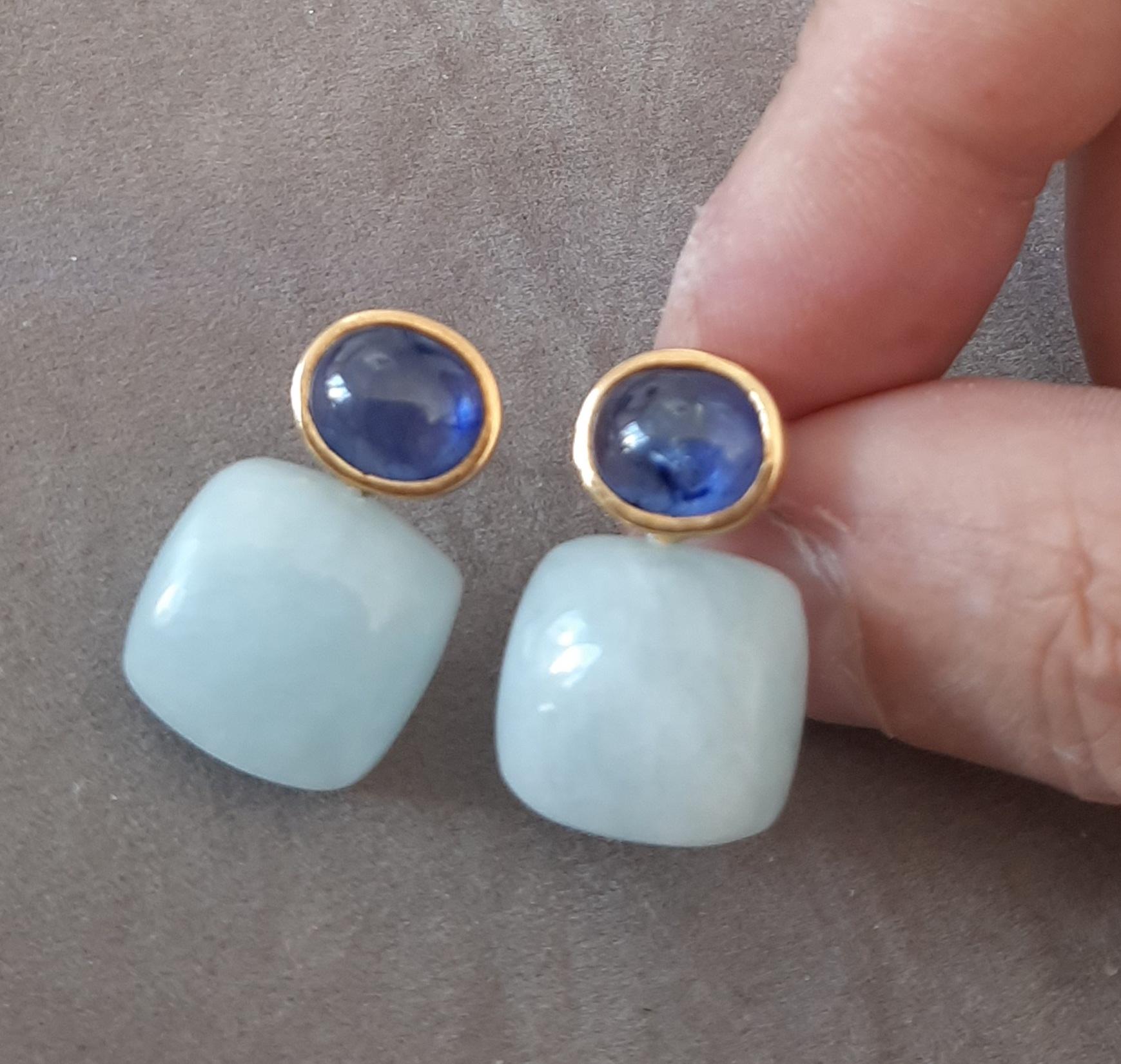 Blue Sapphires Oval Shape Aquamarine Cushion Cabs 14k Solid Gold Stud Earrings For Sale 1