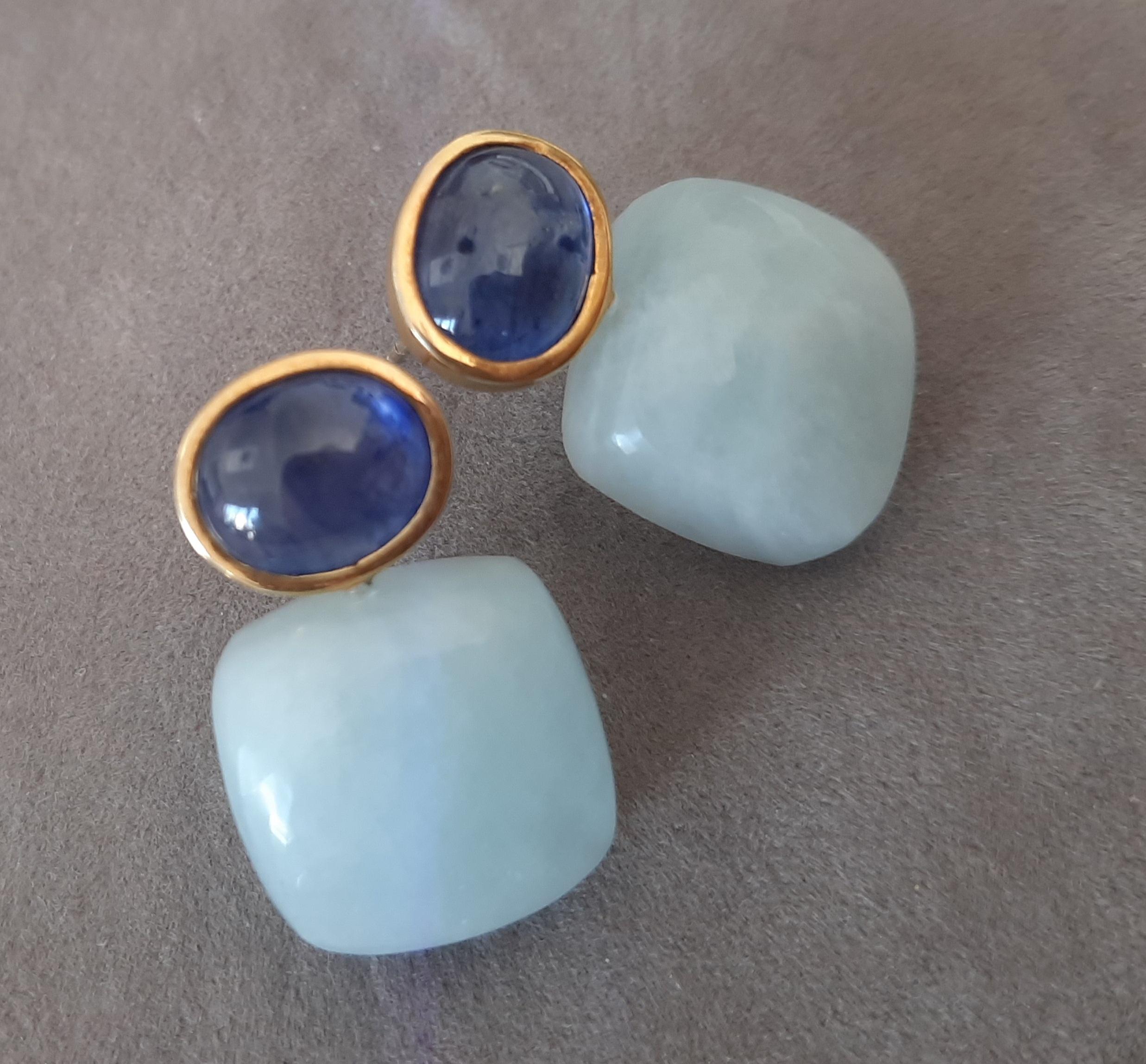 Blue Sapphires Oval Shape Aquamarine Cushion Cabs 14k Solid Gold Stud Earrings For Sale 3