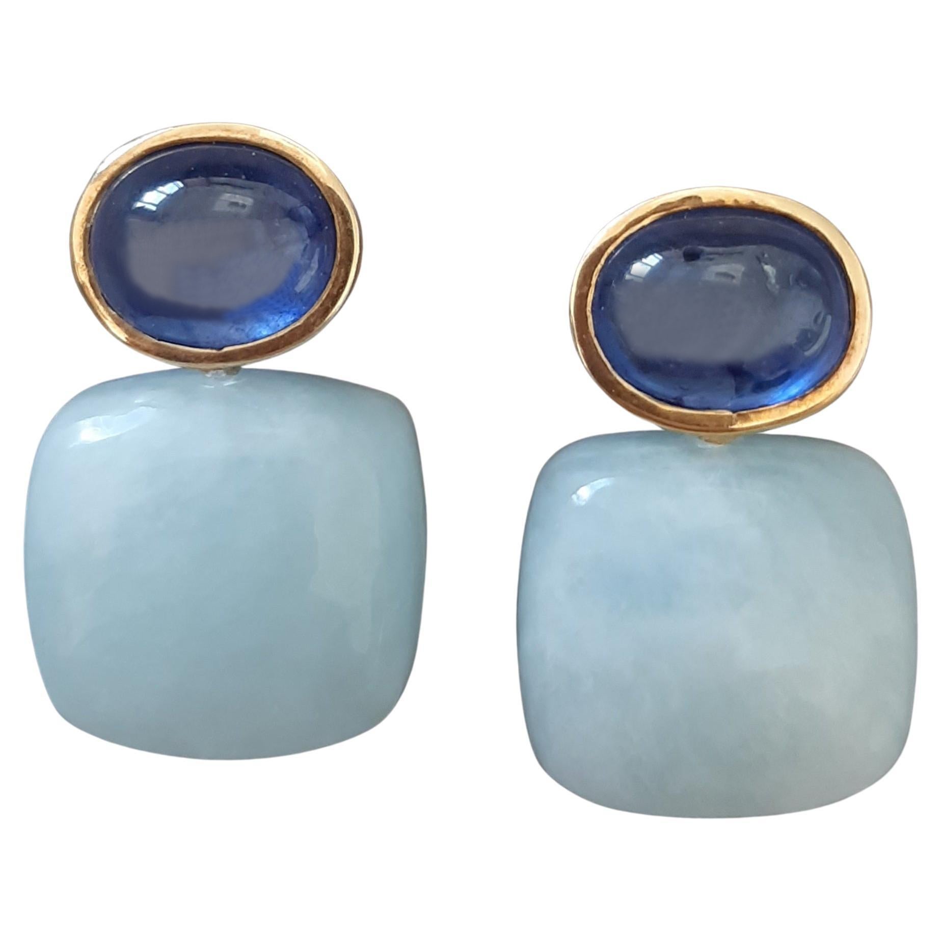 Orecchini con zaffiri blu a forma ovale, acquamarina a cuscino, in oro massiccio 14 ct.