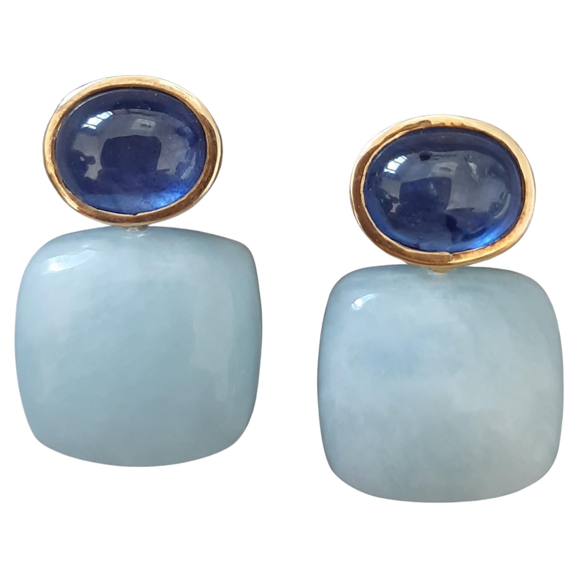 Blue Sapphires Oval Shape Aquamarine Cushion Cabs 14k Solid Gold Stud Earrings