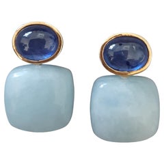 Orecchini con zaffiri blu a forma ovale, acquamarina a cuscino, in oro massiccio 14 ct.