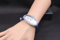 Blue Sapphires Pave Dial Luxury Swiss Quartz Exotic Leather Band Watch