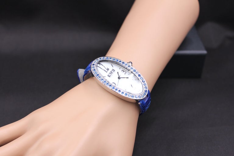 Blue Sapphires Pave Dial Luxury Swiss Quartz Exotic Leather  display picture 2