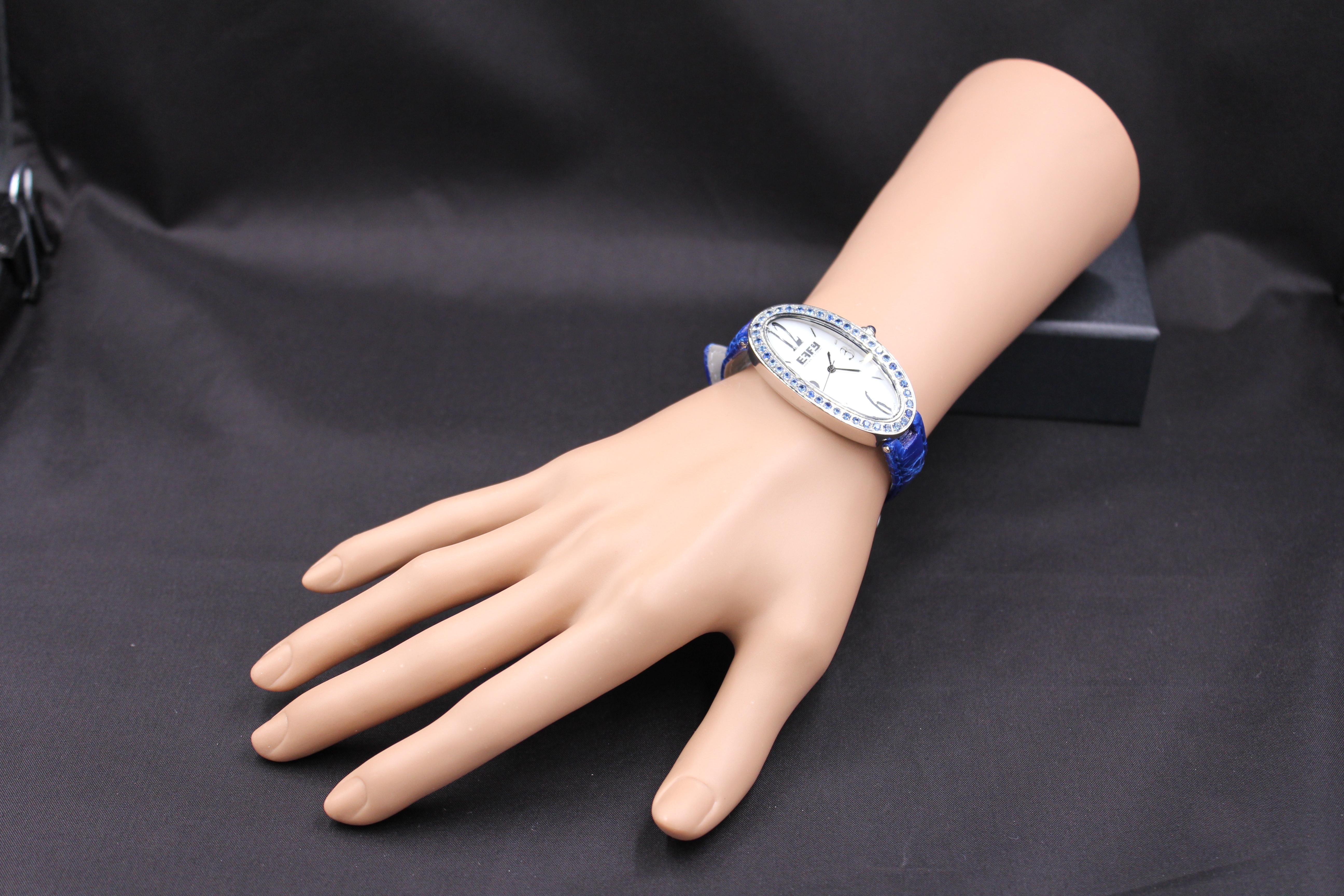 Mixed Cut Blue Sapphires Pave Dial Luxury Swiss Quartz Exotic Leather Band Watch For Sale