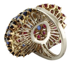 Blue Sapphires, Rubies, Diamonds, White Gold Cluster Ring