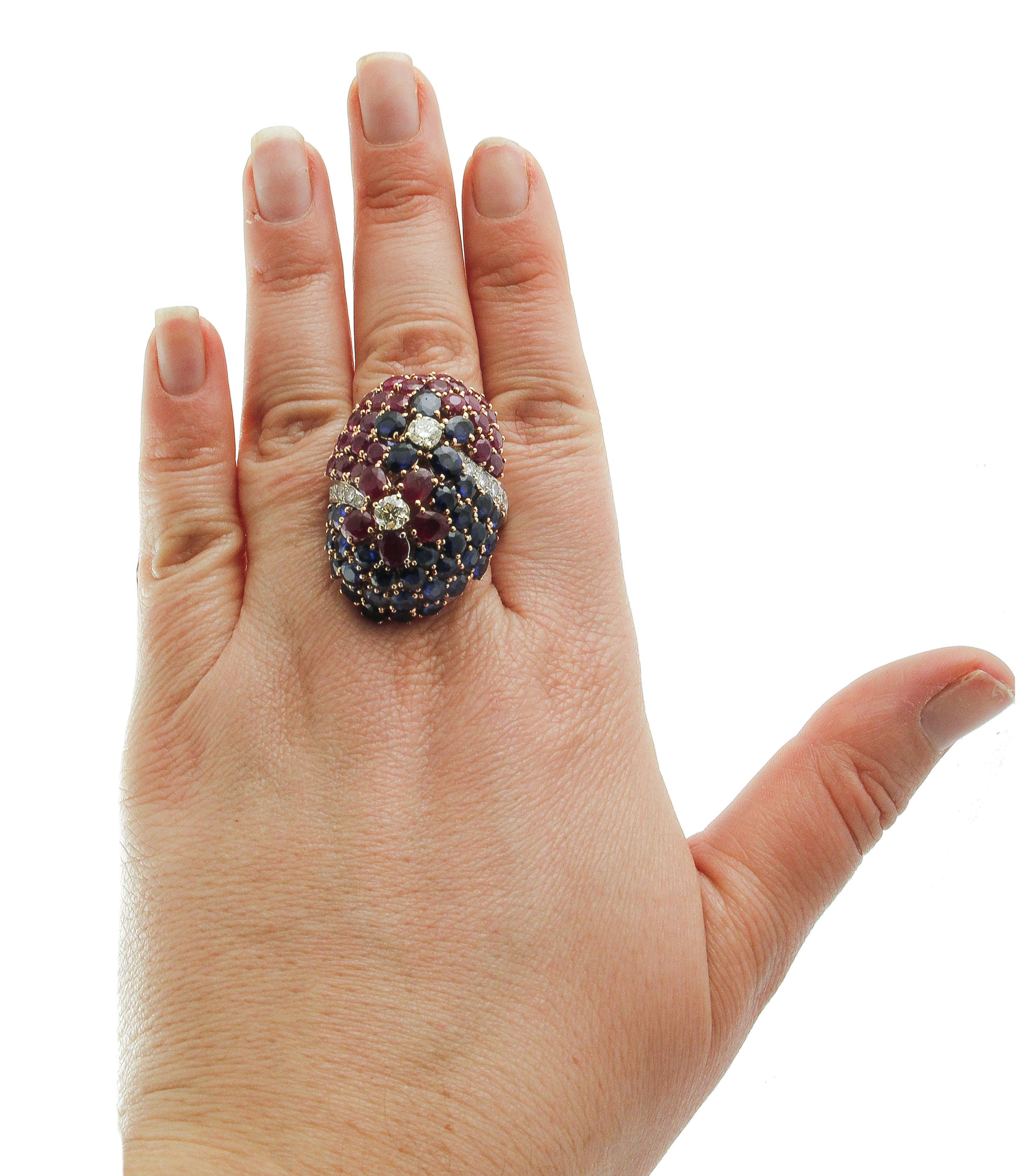 Retro Blue Sapphires, Rubies, Diamonds, White Gold Cluster Ring For Sale