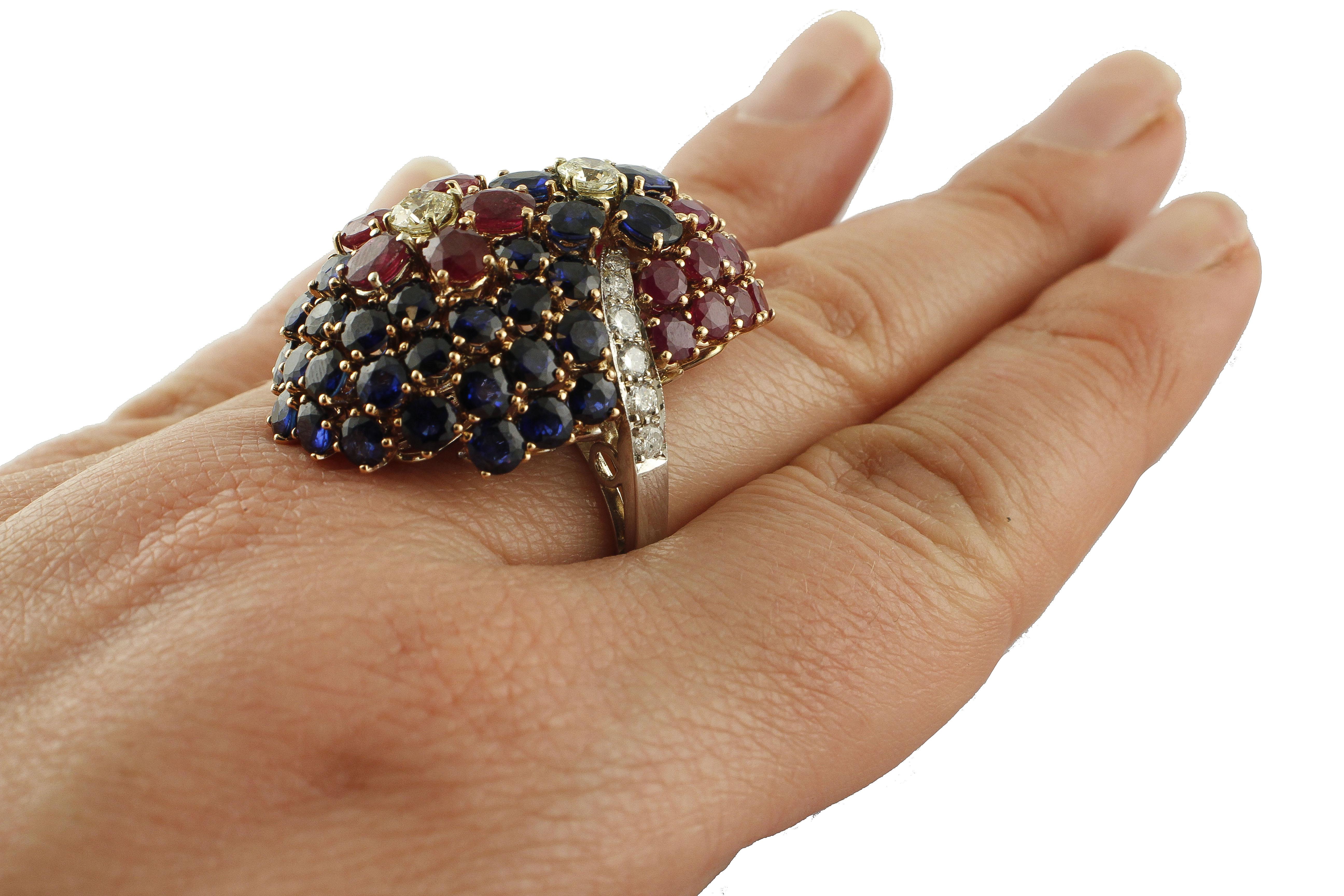 Brilliant Cut Blue Sapphires, Rubies, Diamonds, White Gold Cluster Ring