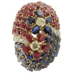 Blue Sapphires, Rubies, Diamonds, White Gold Cluster Ring