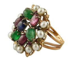 Blue Sapphires Rubies Emeralds Little Pearls Rose Gold and Silver Fashion Ring