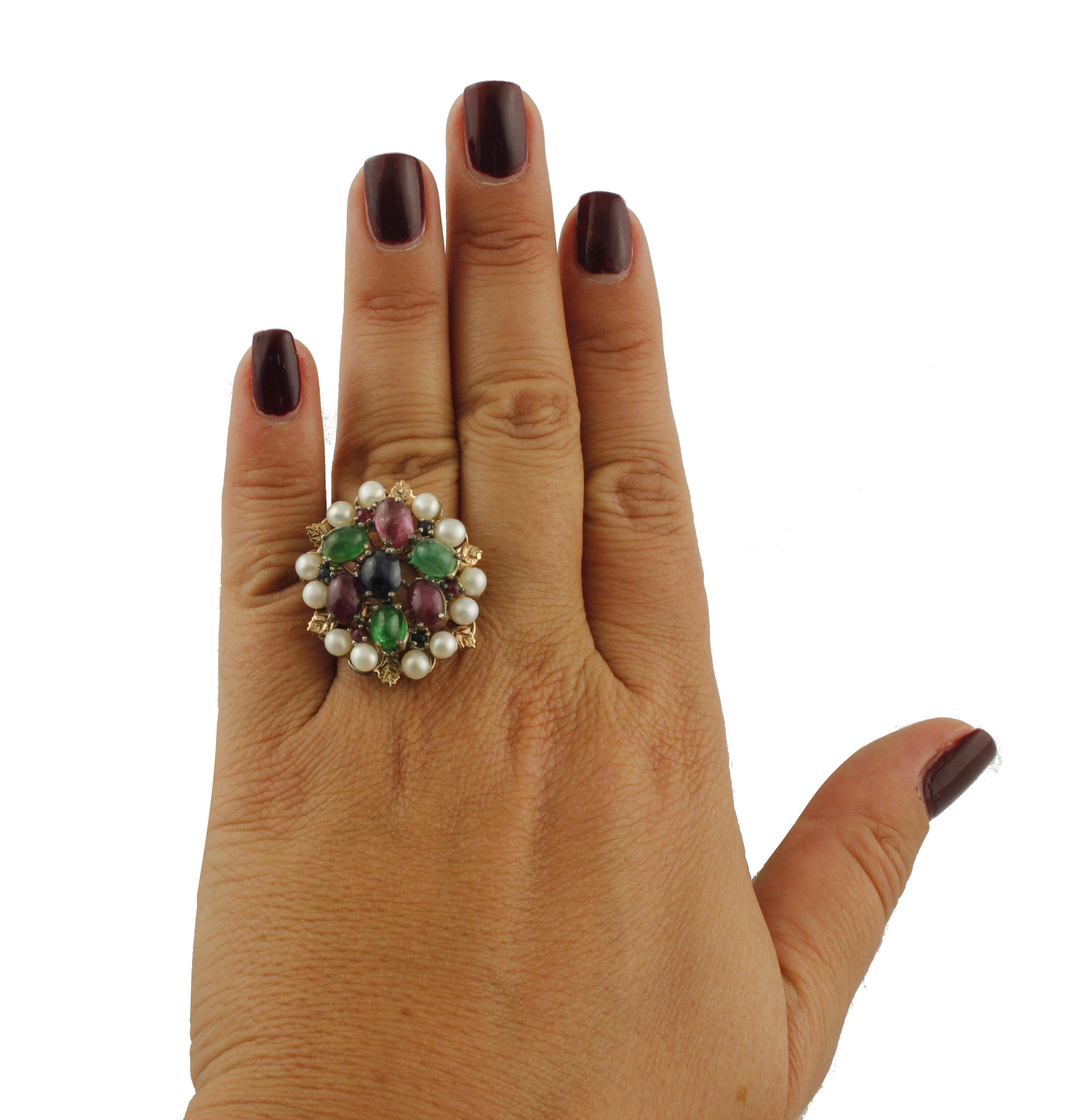 Retro Blue Sapphires Rubies Emeralds Little Pearls Rose Gold and Silver Fashion Ring