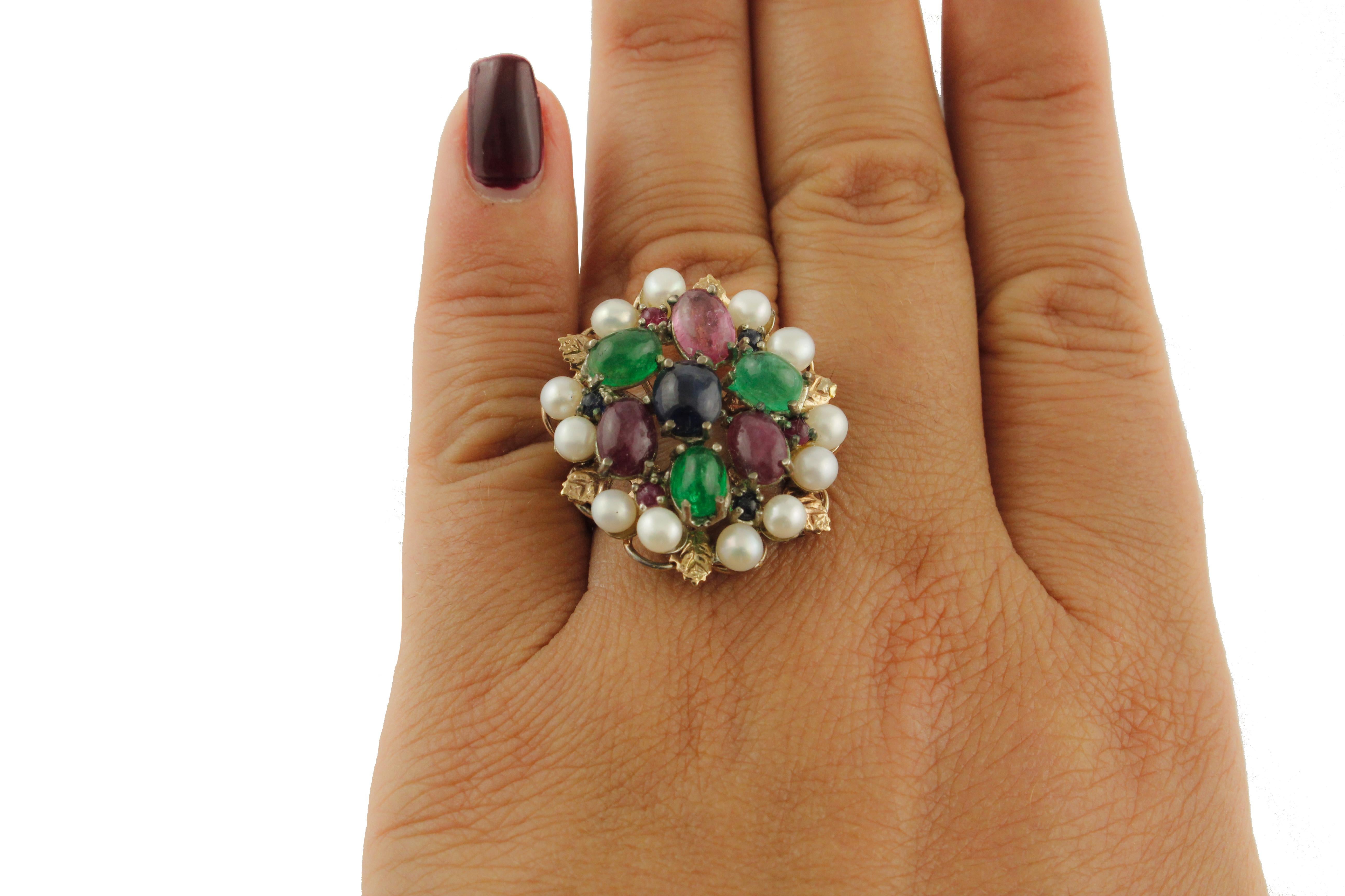 Mixed Cut Blue Sapphires Rubies Emeralds Little Pearls Rose Gold and Silver Fashion Ring