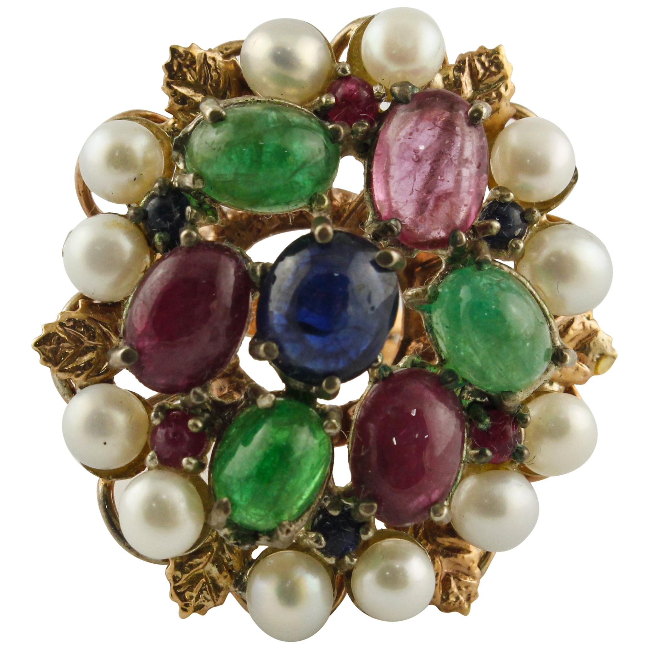 Blue Sapphires Rubies Emeralds Little Pearls Rose Gold and Silver Fashion Ring