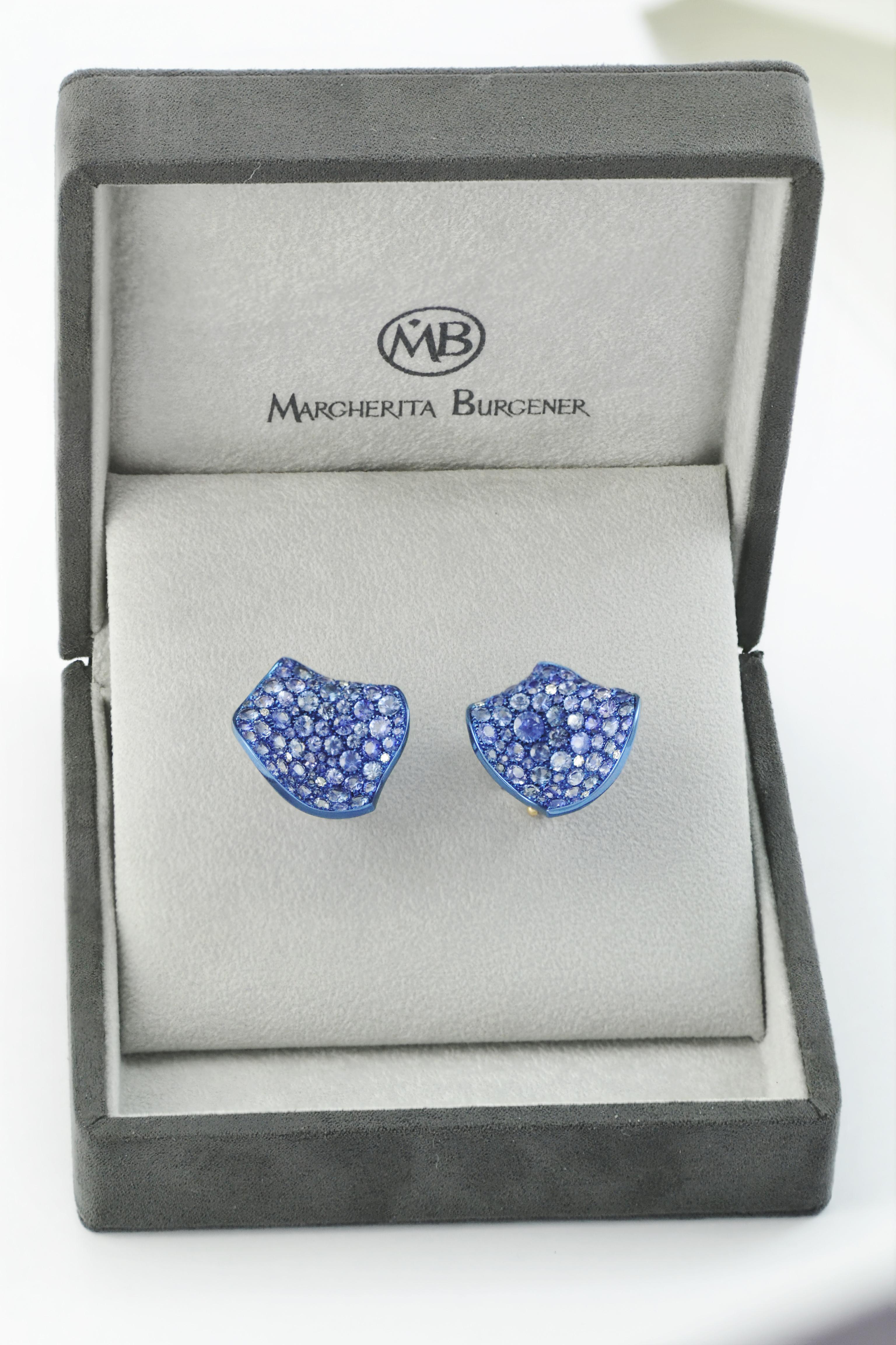 Contemporary Blue Sapphires Titanium Diamond Gold Margherita Burgener Italy Petal Earrings